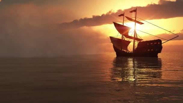 Mgła i stary statek w zachód słońca 4k — Wideo stockowe