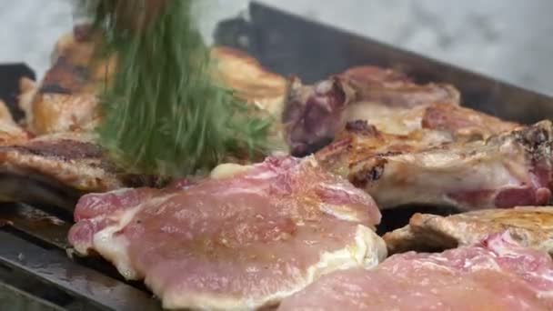 Viande sur un gril 4k — Video