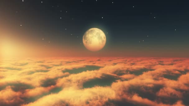 Volare in nuvole tramonto luna — Video Stock