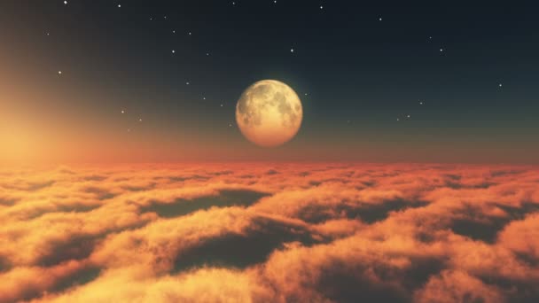 Flyga i moln solnedgång moon — Stockvideo