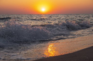 Denizin ve kumsalın üzerinde gün doğumu