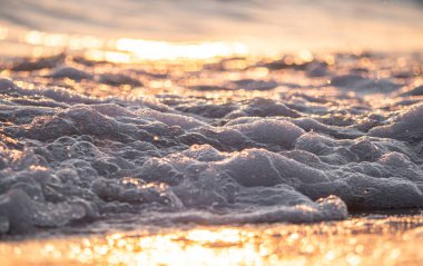 Dalgalar deniz kıyısı makrosu sıçratıyor. Yaklaş.