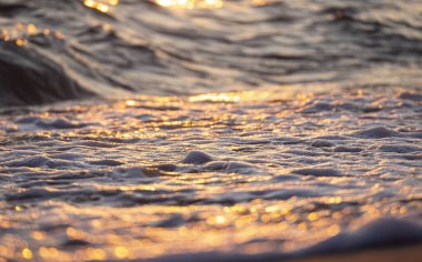 Dalgalar deniz kıyısı makrosu sıçratıyor. Yaklaş.