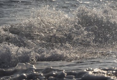 Dalgalar deniz kıyısı makrosu sıçratıyor. Yaklaş.
