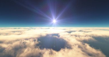 Bulutların üzerinde uç günbatımı manzarası. 3d resimleme