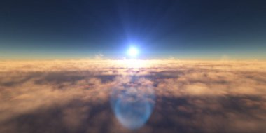 Bulutların üzerinde uç günbatımı manzarası, üç boyutlu resimleme