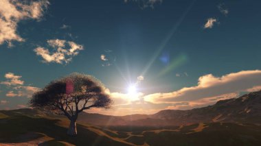 Çayırda gün batımı ve yalnız ağaç, üç boyutlu resimleme
