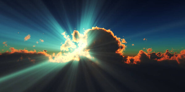 Above clouds sun ray sunset. 3d render illustration
