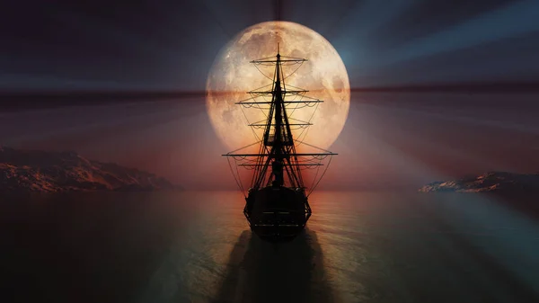 Old Ship Night Full Moon Render Illustration — Stock Photo, Image