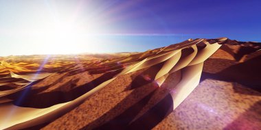 Çölde kum tepeleri batıyor. 3d resimleme