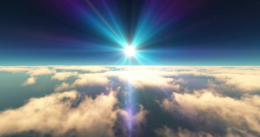 Bulutların üzerinde uç günbatımı manzarası. 3d resimleme