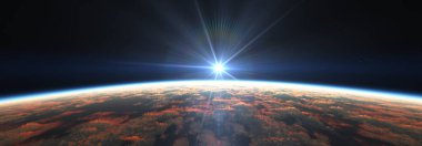 Bulutlu okyanus üzerinden Dünya 'nın doğuşu. 3d resimleme