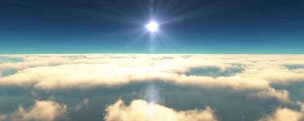 飞越云彩落日的风景 3D渲染说明 — 图库照片