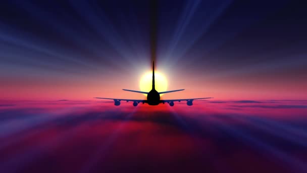 Repülőgép repül a felhők felett naplemente — Stock videók