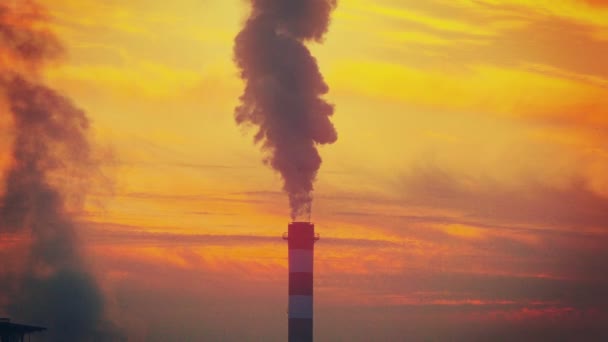 Usine industrielle de fumée de cheminée au coucher du soleil 4k — Video