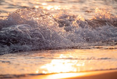 Dalgalar deniz kıyısı makrosu sıçratıyor. Yaklaş.