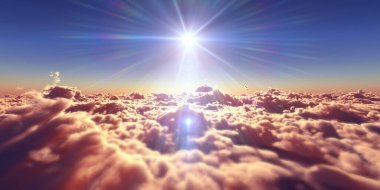 Bulutların üzerinde uç günbatımı manzarası, üç boyutlu resimleme