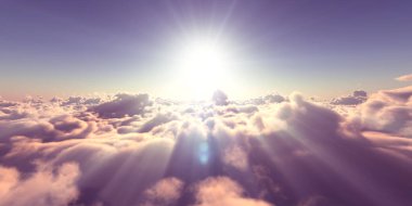 Bulutların üzerinde uç günbatımı manzarası, üç boyutlu resimleme