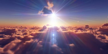 Bulutların üzerinde uç günbatımı manzarası, üç boyutlu resimleme