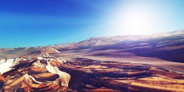 Çölde kum tepeleri batıyor. 3d resimleme