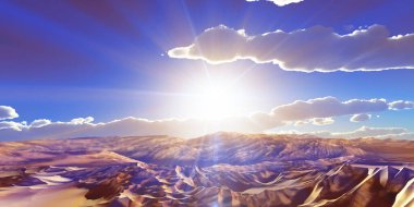 Çölde kum tepeleri batıyor. 3d resimleme