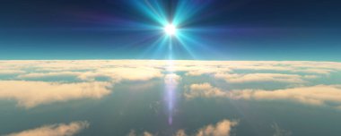 Bulutların üzerinde uç günbatımı manzarası. 3d resimleme