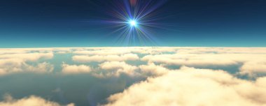 Bulutların üzerinde uç günbatımı manzarası. 3d resimleme