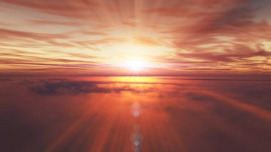 Bulutların üzerinde uç günbatımı manzarası, üç boyutlu resimleme