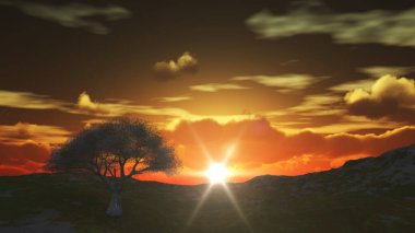 Çayırda gün batımı ve yalnız ağaç, üç boyutlu resimleme