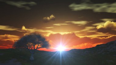 Çayırda gün batımı ve yalnız ağaç, üç boyutlu resimleme