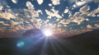 Çayırda gün batımı ve yalnız ağaç, üç boyutlu resimleme