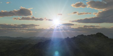 Bulutların üzerindeki dağ manzarası. Gün batımı. Bilgisayar oluşturulmuş 3d illüstrasyon