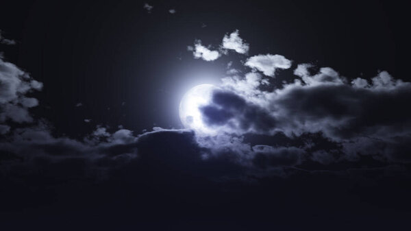 Full moon at night cloud sky, 3d render illustration