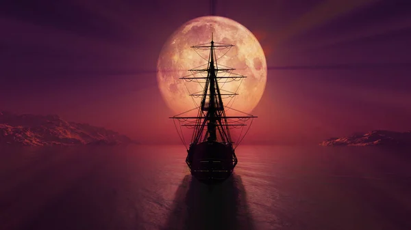 Viejo Barco Noche Luna Llena Renderizar Ilustración — Foto de Stock
