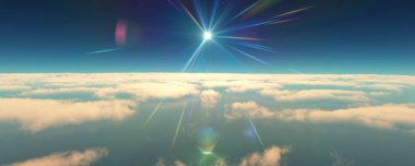 Bulutların üzerinde uç günbatımı manzarası. 3d resimleme