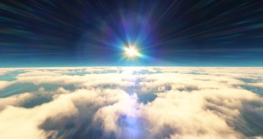 Bulutların üzerinde uç günbatımı manzarası. 3d resimleme