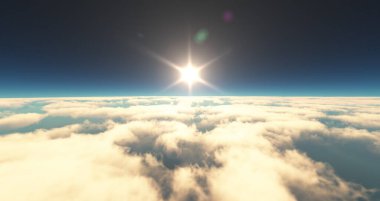 Bulutların üzerinde uç günbatımı manzarası. 3d resimleme