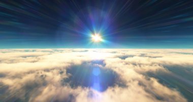 Bulutların üzerinde uç günbatımı manzarası. 3d resimleme