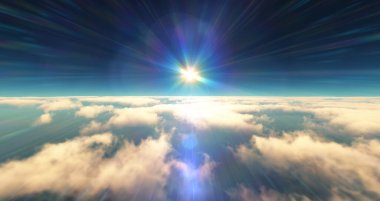 Bulutların üzerinde uç günbatımı manzarası. 3d resimleme