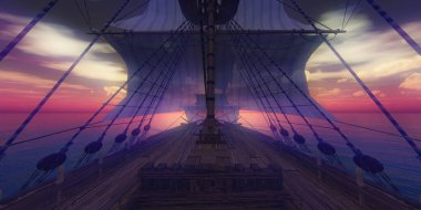 Eski gemi günbatımında deniz 3D resimleme