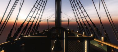 Eski gemi günbatımında deniz 3D resimleme