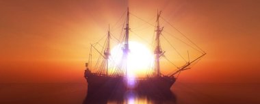 Eski gemi günbatımında deniz 3D resimleme
