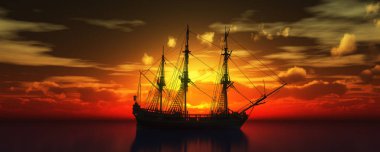 Eski gemi günbatımında deniz 3D resimleme