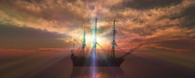 Eski gemi günbatımında deniz 3D resimleme
