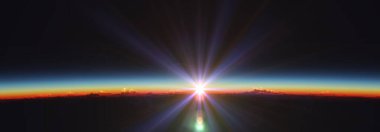 Bulutlu okyanus üzerinden Dünya 'nın doğuşu. 3d resimleme