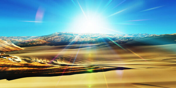 Dunes sunset over the desert. 3d rendering illustration