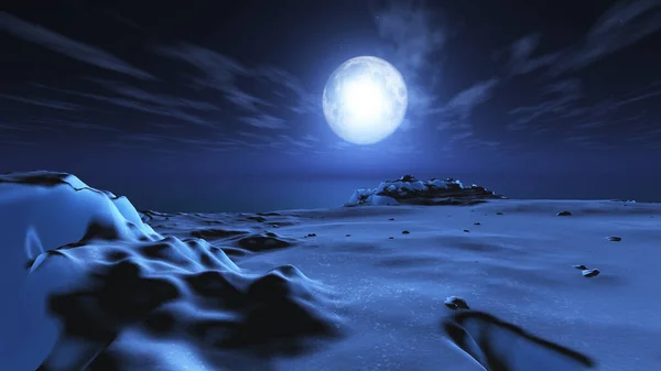 アイスバーグの夜満月3Dレンダリング図 — ストック写真