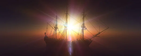 Old Ship Sunset Sea Rendering Illustration — Stock Photo, Image