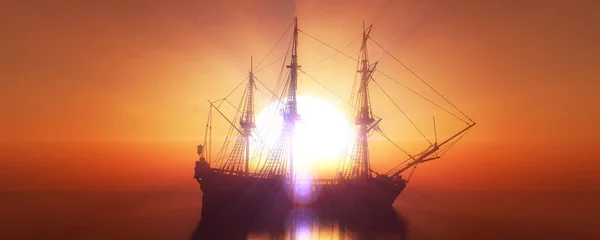 Old Ship Sunset Sea Rendering Illustration — Stock Photo, Image