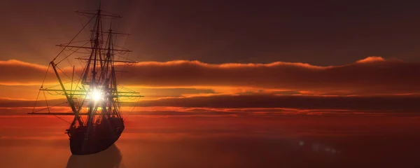 Eski gemi günbatımında deniz 3D resimleme